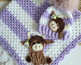Crochet Baby Cow Blanket Handmade Gender Neutral Lilac White Crocheted Cow Blanket Animals Cow Applique Cow Baby Blanket Cow Blanket