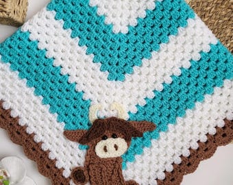 Crochet Baby Cow Blanket Handmade Turquoise White Brown Crocheted Cow Blanket Animals Cow Applique Cow Baby Blanket Cow Blanket