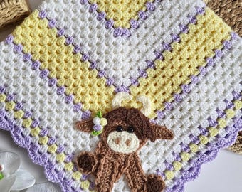 Crochet Baby Cow Blanket Handmade Yellow Purple White Crocheted Cow Blanket Animals Cow Applique Cow Baby Blanket Cow Blanket