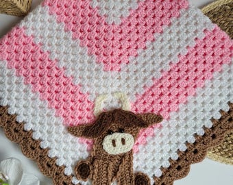 Crochet Baby Cow Blanket Handmade Baby Pink White Brown Crocheted Cow Blanket Animals Cow Applique Cow Baby Blanket Cow Blanket