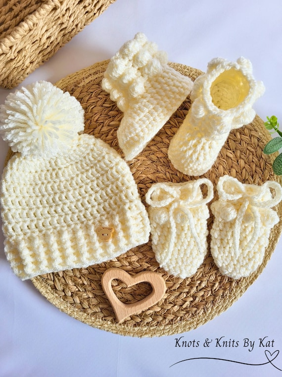 Conjunto de crochet para bebé, color crema, hecho a mano, de a