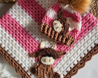 Crochet Baby Cow Blanket Handmade Pink White Brown Crocheted Cow Blanket Animals Cow Applique Cow Baby Blanket Cow Blanket