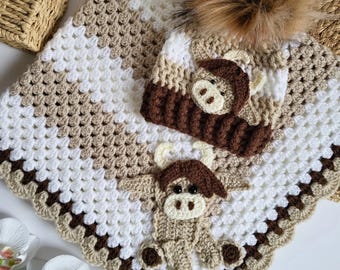 Handmade Highland Cow Crochet Baby Blanket, Newborn Gift, Baby Shower Gift, Soft Baby Blanket, Nursery Blanket, Custom Colours