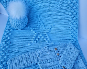 Crochet Star Blanket Handmade Baby Blanket New Parents Baby Shower Gift New Born New Baby Crocheted Baby Blanket Personalised Bobble Stitch