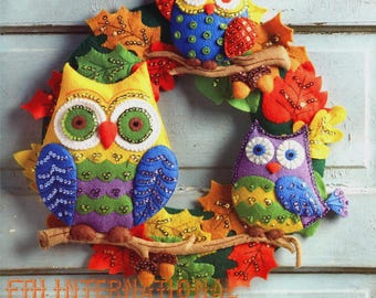 Bucilla Owl Wreath ~ Felt Fall Colors Kit #86562 Acorns, Leaves Autumn Halloween DIY