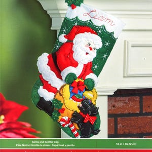 May include: A Bucilla felt stocking kit featuring a Santa Claus figure and a black Scottie dog. The green stocking has a white cuff with the name Liam embroidered in red. The design includes a gift bag, a candy cane, and holly accents.
