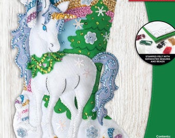 Bucilla Santa's Unicorn ~ 18" Felt Christmas Stocking Kit #89250E Rainbow, Tree, Candy Canes, DIY
