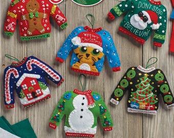 Bucilla Ugly Sweaters ~ 6 Pce. Felt Christmas Ornament Kit #86674, Frosty, Santa