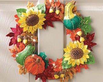 Bucilla Harvest Time Wreath ~ Felt Fall Home Decor Kit #86428 Sunflowers Pumpkin DIY