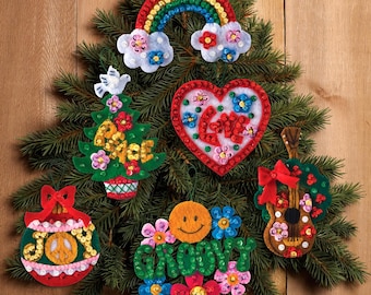 Bucilla Love, Peace, Hippie Santa ~ 6 Pce. Felt Christmas Ornament Kit #86418 DIY