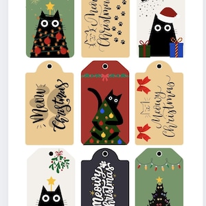 Printable Christmas Cat Gift Tags, Holiday Kitty Designs (A4 PDF)