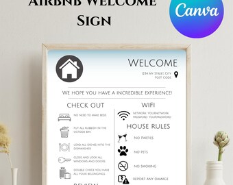 Letrero de bienvenida imprimible de Airbnb / Plantilla de información para huéspedes de alquiler vacacional / Guía para anfitriones de Canva editable