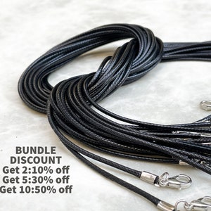 Adjustable cord necklace, Black waxed cotton string 1mm, 2mm