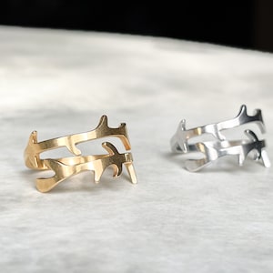 Könnte beinhalten: Zwei Ringe, einer goldfarben und einer silberfarben, jeweils mit einem einzigartigen, abstrakten Design. Die Ringe haben eine Doppelbandstruktur mit einem sich wiederholenden, stilisierten Motiv. Die Ringe werden auf einer hellen Oberfläche präsentiert.