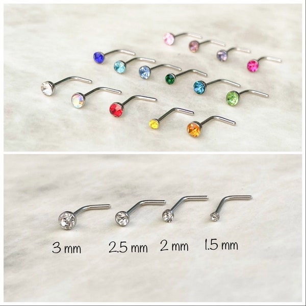 Crystal Nose Stud - Birthstone Jewelry - L-shaped Nose Stud in Assorted Colors 1.5 mm 2 mm 2.5 mm 3 mm - Colorful Nose Pins 0150