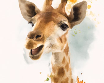 Happy Giraffe Print, Watercolor Nursery Wall Art, Baby Animal Decor, Safari Nursery Print
