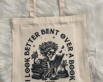 Skeleton Smut Reader Bent over book  Canvas Tote Bag