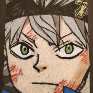 May include: A pastel drawing of a character with gray hair, green eyes, and red markings on the face. The character has a determined expression, with a black headband and a yellow emblem. The artwork is set against a dark background.