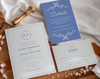 Dusty Blue Wedding Invitation Suite Template, Monogram Victorian Crest Invitation,  Editable Canva Instant Download
