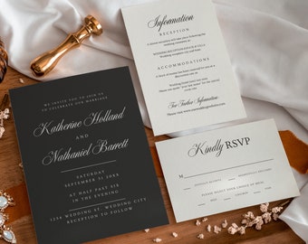 Sjabloon klassieke zwart-wit huwelijksuitnodiging, detailkaart en RSVP-kaart in uitnodigingsset, bewerkbare canva direct downloaden