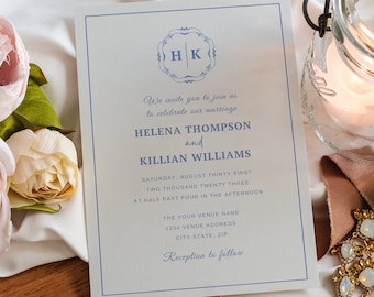 Dusty Blue Monogram Wedding Invitation Template, Minimalist Wedding Invitation, Victorian Crest Editable Canva Instant Download