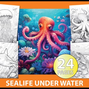 Underwater Sealife Coloring Page for Adults - Coloring book  - fish coloring - shark - turtle - jellyfish - Digital download