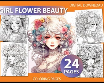 Introducing: Flower Beauty Girl Coloring Page for Adults - digital download - grayscale coloring page - coloring time - pdf coloring pages