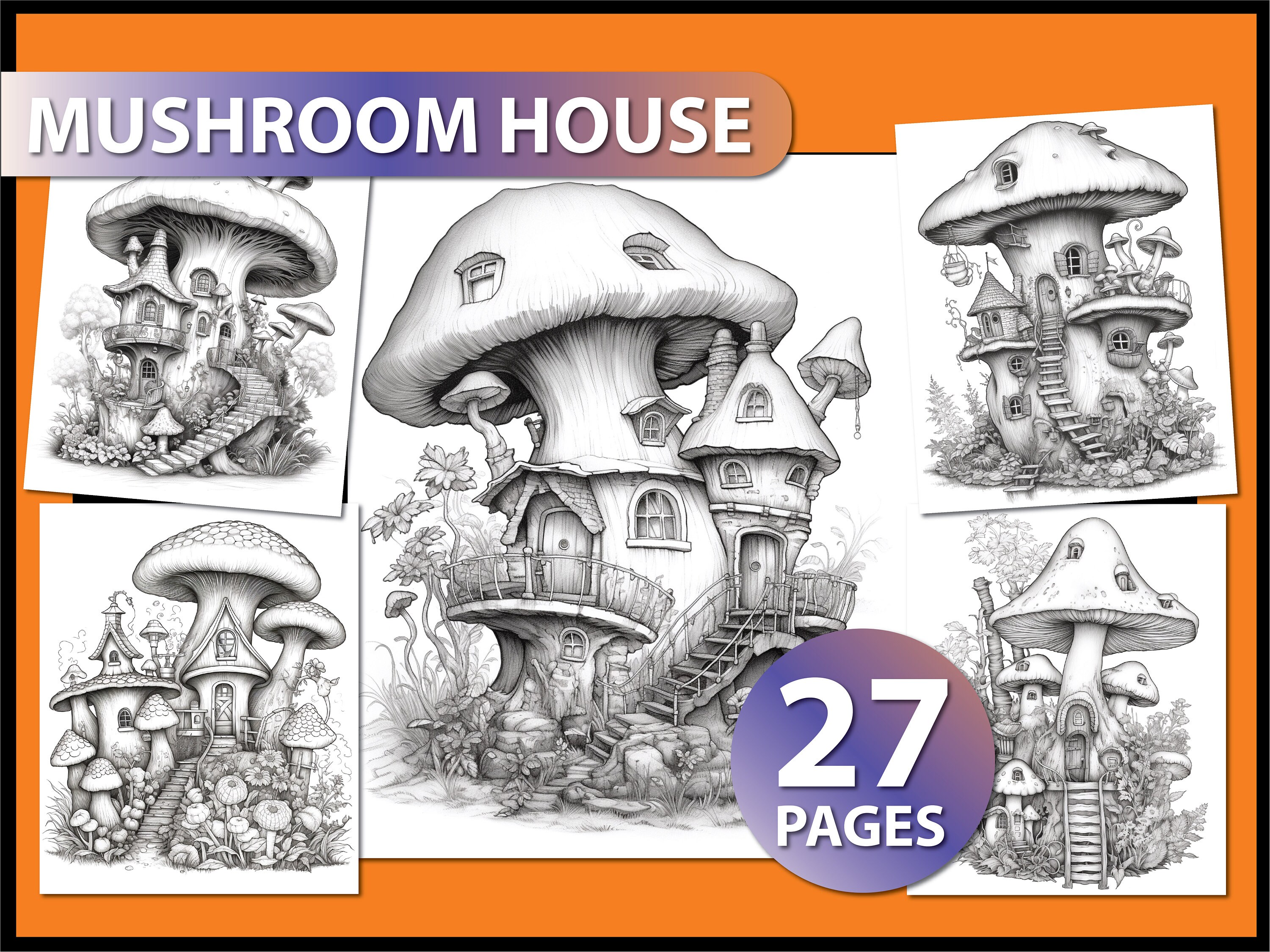 Mushroom House Coloring Pages Coloring Pages for Adult Gift for Her ...