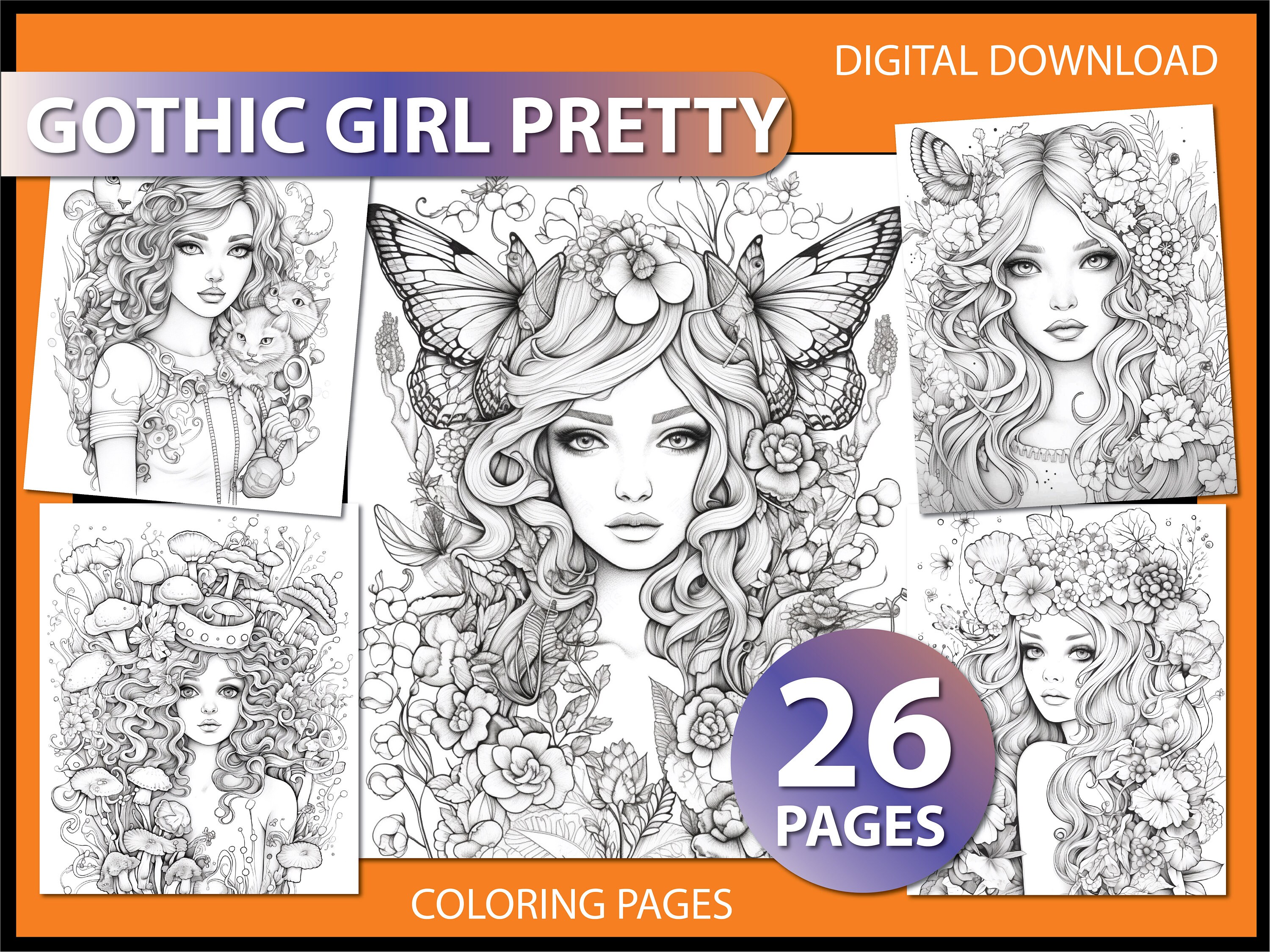 Gothic Girl Pretty Coloring Pages for Adult Coloring Book - Etsy