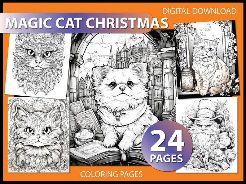 Magic Cat Christmas: Adult Coloring Page Magic Cat Coloring Pages Xmas ...