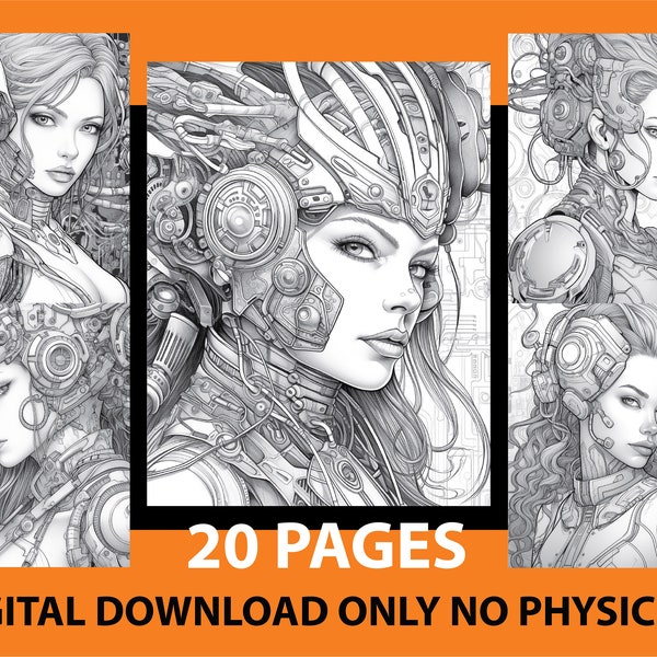 Cyborg Girl Coloring page for Adults - Cyborg Coloring - fantasy coloring - gift for girl - Adults colroring page - Coloring book cyborg