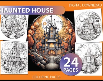 Enchanted Haunted House: Adult Coloring Page - halloween coloring pages - grayscale coloring - haunted house coloring - gift for halloween