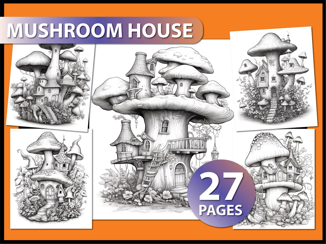 Mushroom House Coloring Pages Coloring Pages for Adult Gift for Her ...
