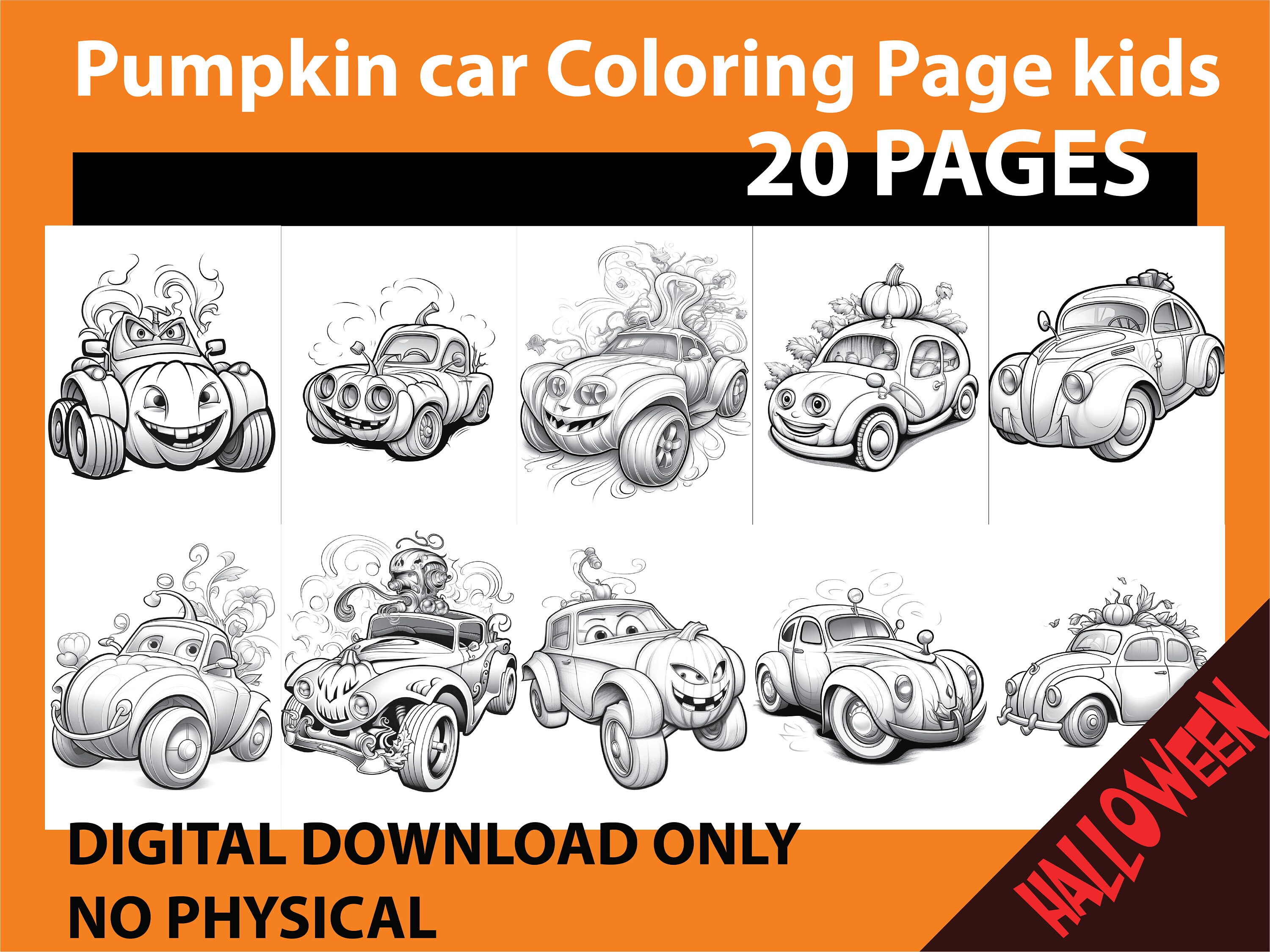 Pumpkin Car Coloring Page for Adult in Halloween - 20 Pages - Halloween ...