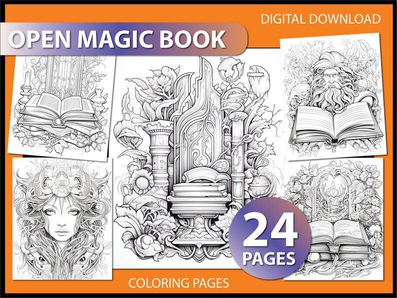 Open Magic Book: Adult Coloring Page Coloring Pages for Adult Magic