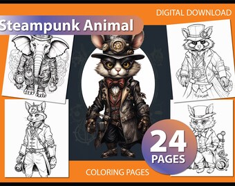Whimsical Steampunk Menagerie: Adult Coloring Adventure - digital download - steampunk grayscale - printable PDF - gift for friend