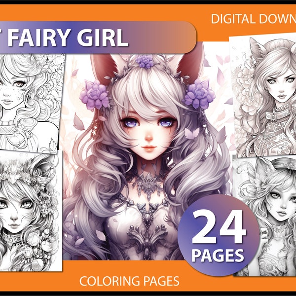 Enchanting Feline Whimsy: Cat Fairy Girl Coloring pages for adults - coloring book adult - Cat fairy coloring pages - fantasy coloring