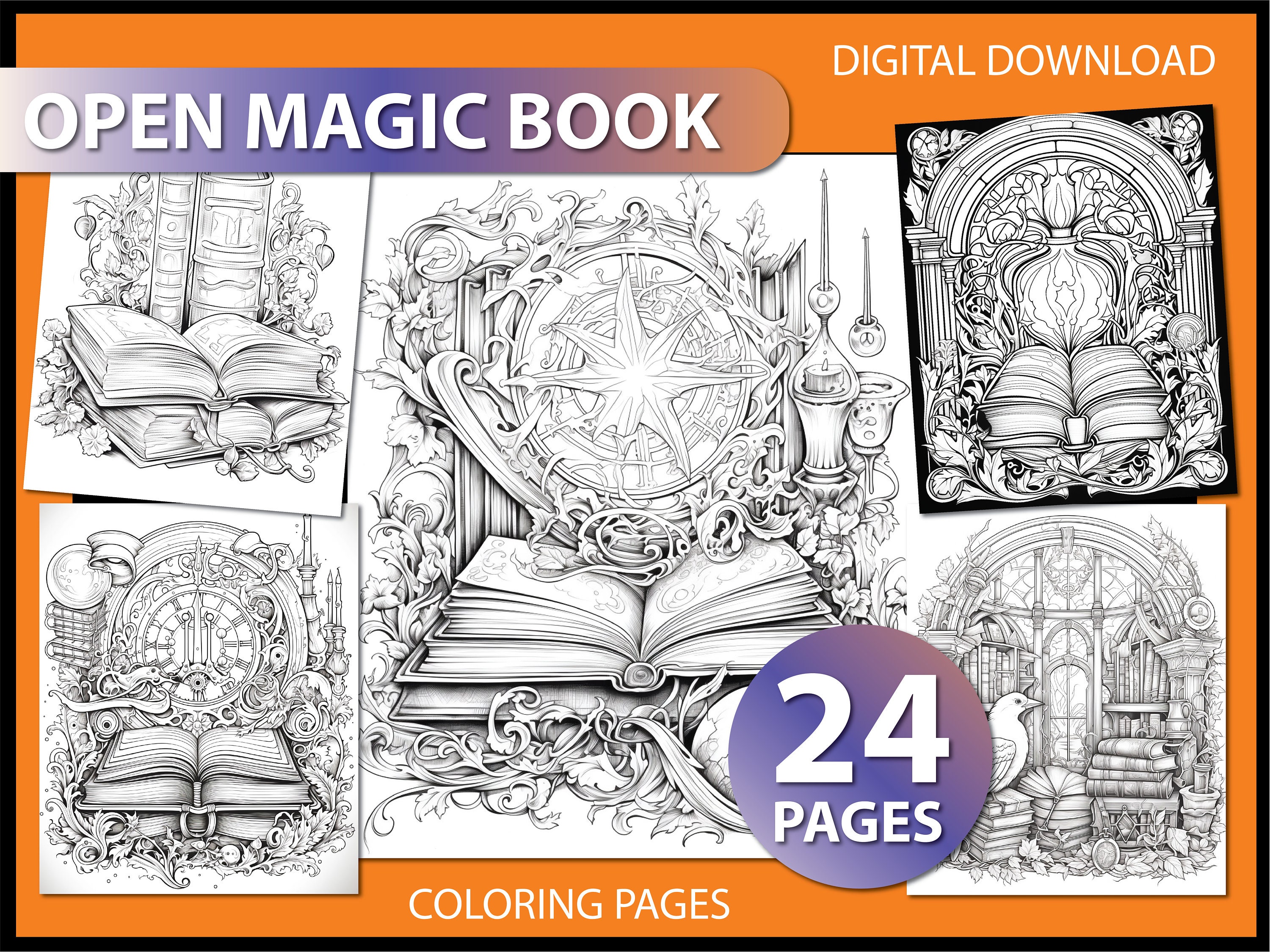 Open Magic Book: Adult Coloring Page Coloring Pages for Adult Magic
