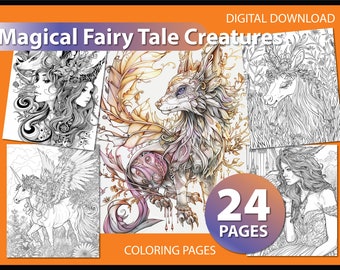 Enter the Enchantment of Magical Fairy Tale Creatures Coloring Page for Adults - coloring book - grayscale coloring magical - Gift PDF