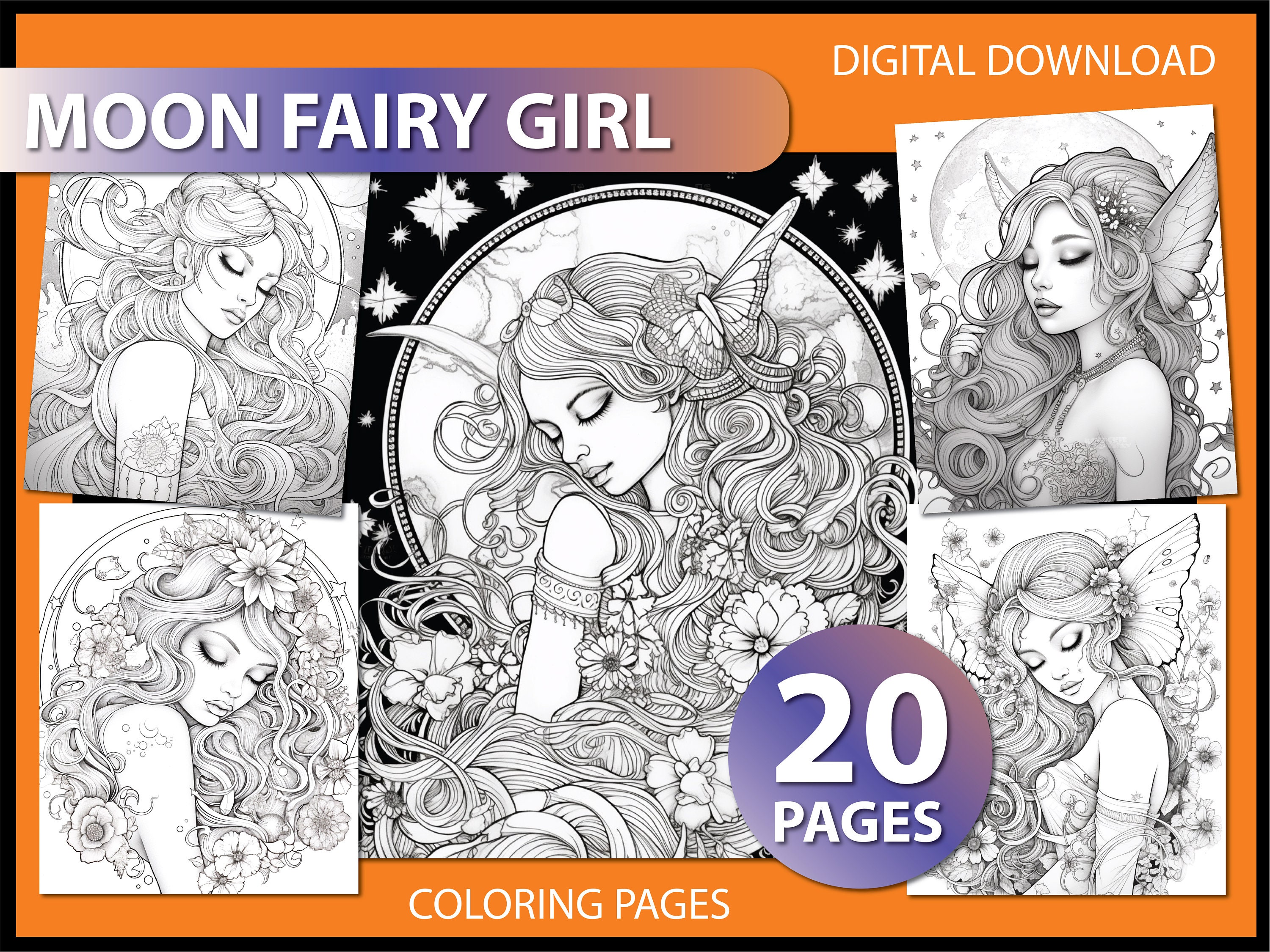 Moon Fairy Coloring Pages for Adults Coloring Book Gift - Etsy