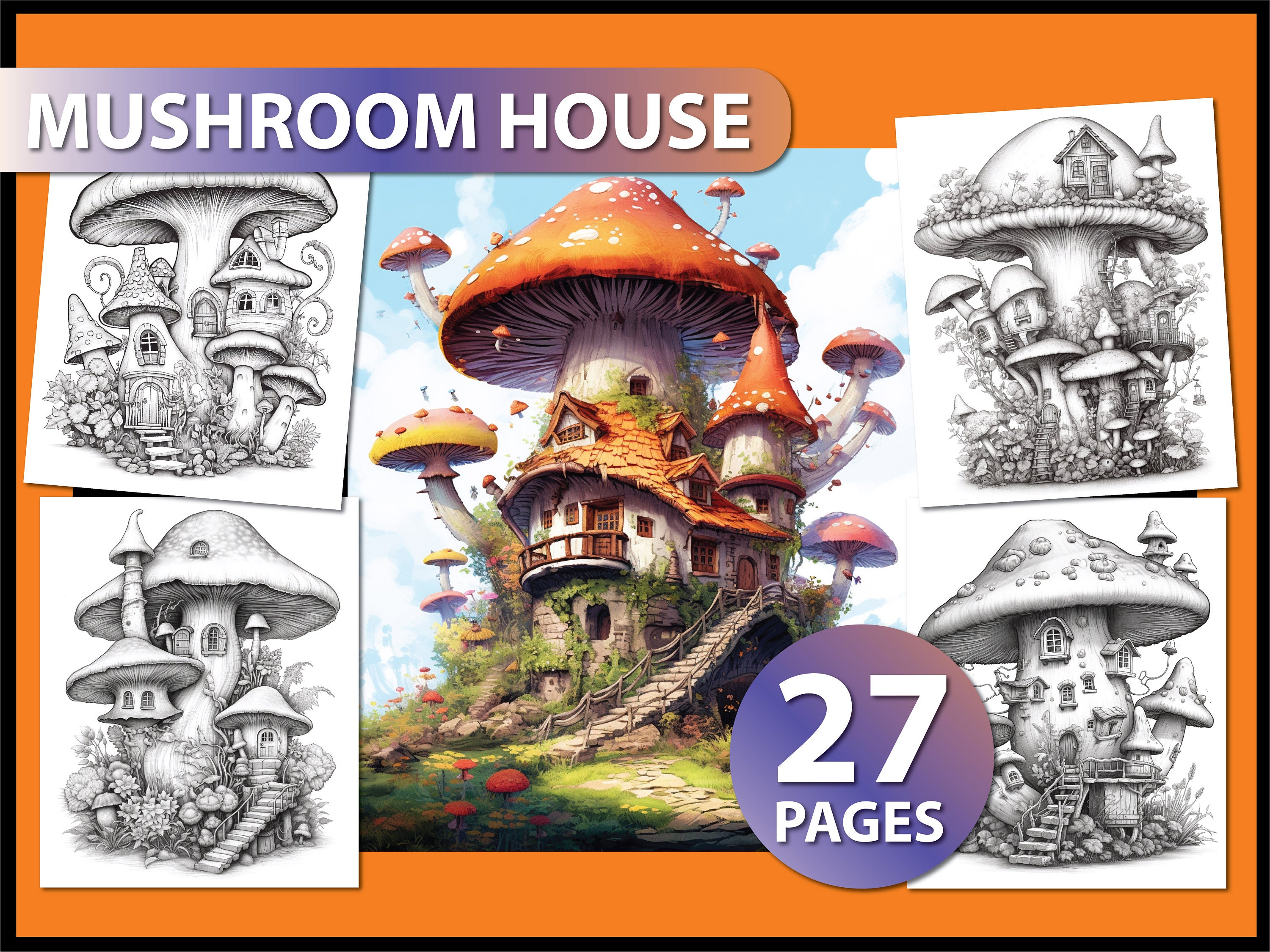 Mushroom House Coloring Pages Coloring Pages for Adult Gift for Her ...