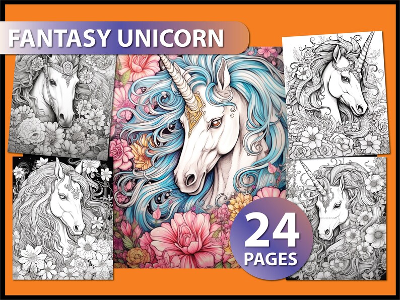 Fantasy Unicorn Coloring Pages for Adults Rainbow Unicorn - Etsy