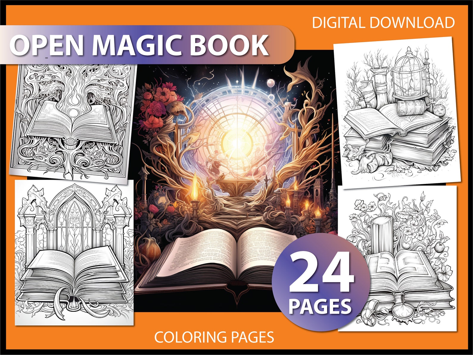 Open Magic Book: Adult Coloring Page Coloring Pages for Adult Magic