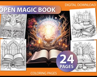 Open Magic Book: Adult Coloring Page - Coloring pages for adult - Magic Book coloring - Coloring book magic - Gift for friends - Digital