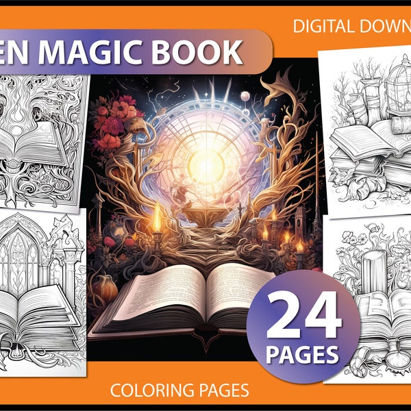 Open Magic Book: Adult Coloring Page - Coloring pages for adult - Magic Book coloring - Coloring book magic - Gift for friends - Digital