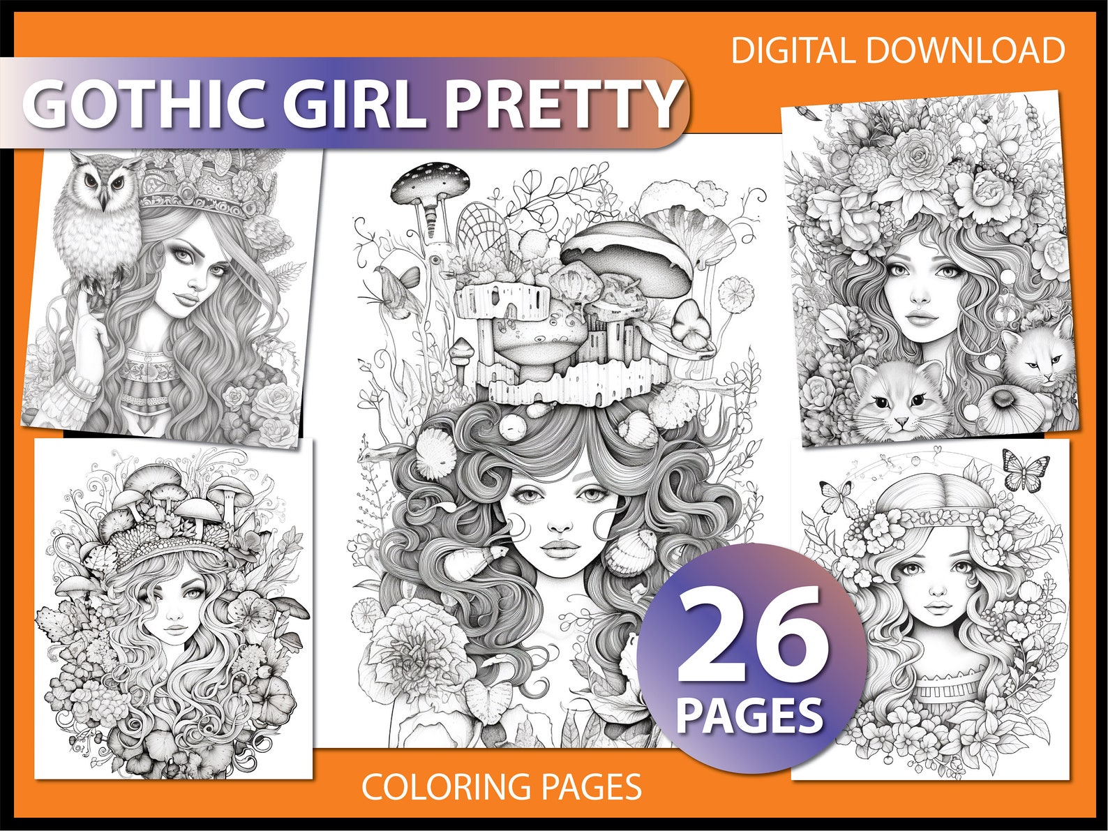Gothic Girl Pretty Coloring Pages for Adult Coloring Book - Etsy