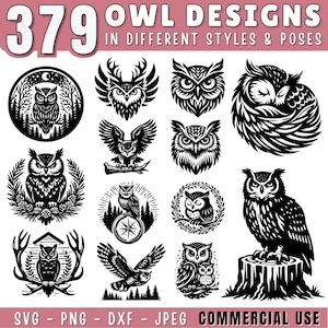 May include: A collection of 379 black and white owl designs in different styles and poses. The designs are perfect for crafting, scrapbooking, and other creative projects.  SVG PNG DXF JPEG COMMERCIAL USE