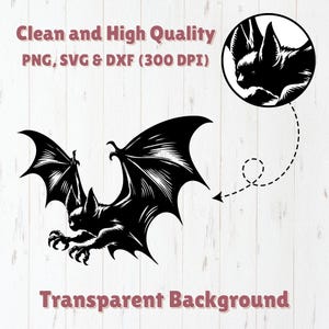 K&ouml;nnte beinhalten: Schwarz-wei&szlig;e Illustration einer Fledermaus mit ausgebreiteten Fl&uuml;geln und scharfen Krallen. Der Text "Clean and High Quality PNG, SVG & DXF (300 DPI)" und "Transparent Background" ist enthalten. Eine kreisf&ouml;rmige Fledermauskopf-Grafik ist ebenfalls vorhanden.
