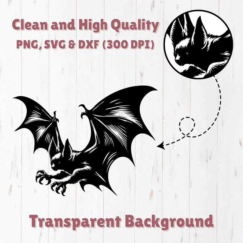 K&ouml;nnte beinhalten: Schwarz-wei&szlig;e Illustration einer Fledermaus mit ausgebreiteten Fl&uuml;geln und scharfen Krallen. Der Text "Clean and High Quality PNG, SVG & DXF (300 DPI)" und "Transparent Background" ist enthalten. Eine kreisf&ouml;rmige Fledermauskopf-Grafik ist ebenfalls vorhanden.