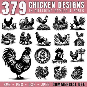 May include: A collection of 379 chicken designs in various styles and poses, rendered in black and white. The image includes illustrations of chickens, roosters, and related farm elements. Text includes "Chicken Designs" and "Commercial Use."
